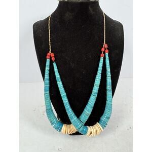 vintage Native American double-strand necklace Handmade Turquoise Shells Red Cor